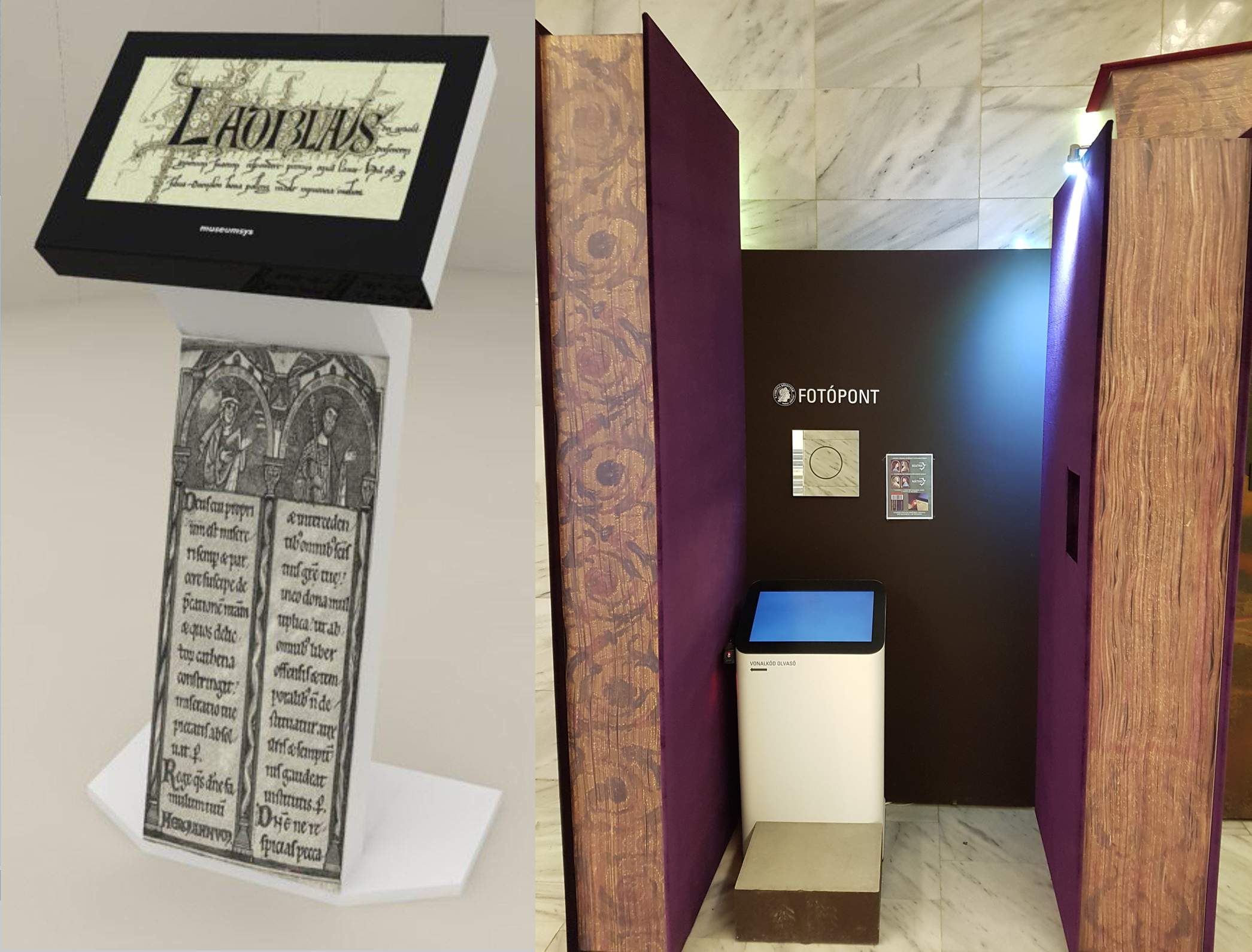 A data sending digital signage terminal and a photoshooting kiosk designed with huge books
